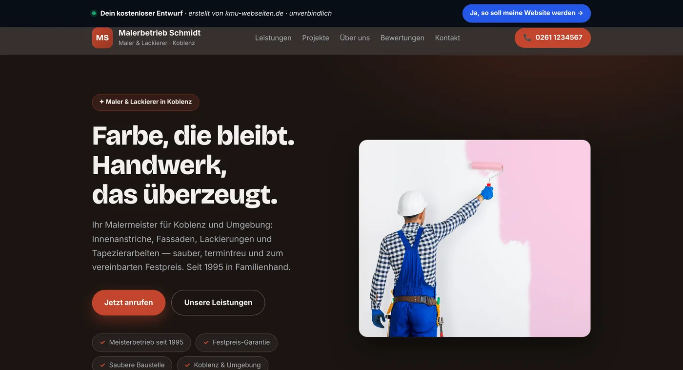 Automatisch erzeugter Website-Entwurf für einen Malerbetrieb auf kmu-webseiten.de