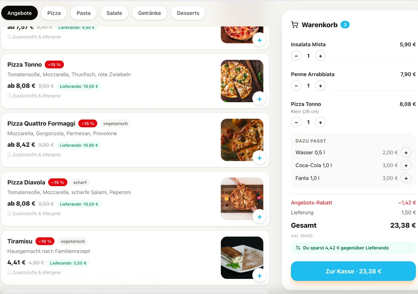 Teykto-Bestellseite eines Pizza-Lieferservice mit Angeboten, Lieferzeit und Warenkorb