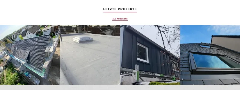 Projektgalerie der Dachdecker-Website mit Fotos von Steildach, Flachdach und Gauben